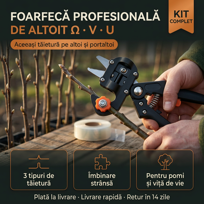 Foarfecă Profesională de Altoit cu 3 Lame Ω, V, U – pentru Pomi Fructiferi și Viță de Vie