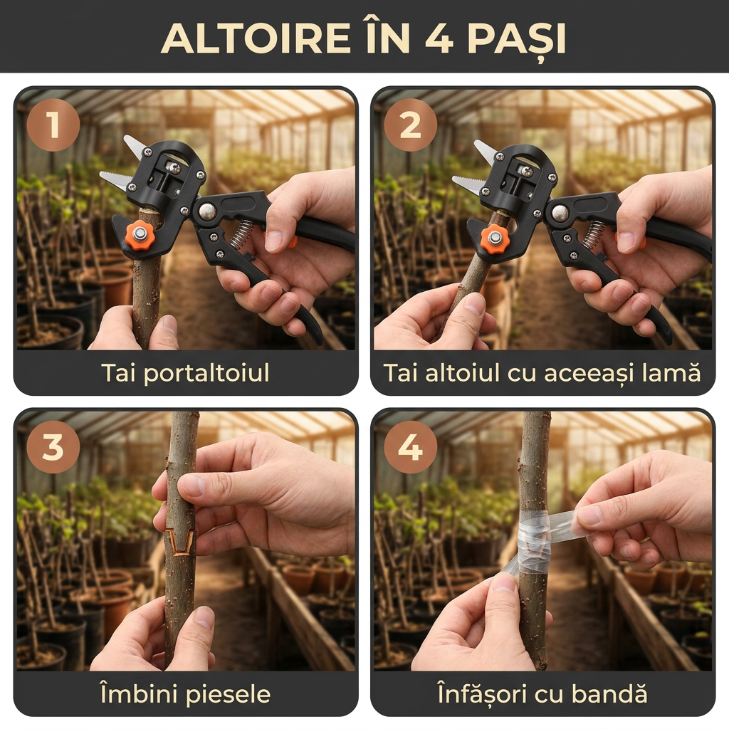 Foarfecă Profesională de Altoit cu 3 Lame Ω, V, U – pentru Pomi Fructiferi și Viță de Vie