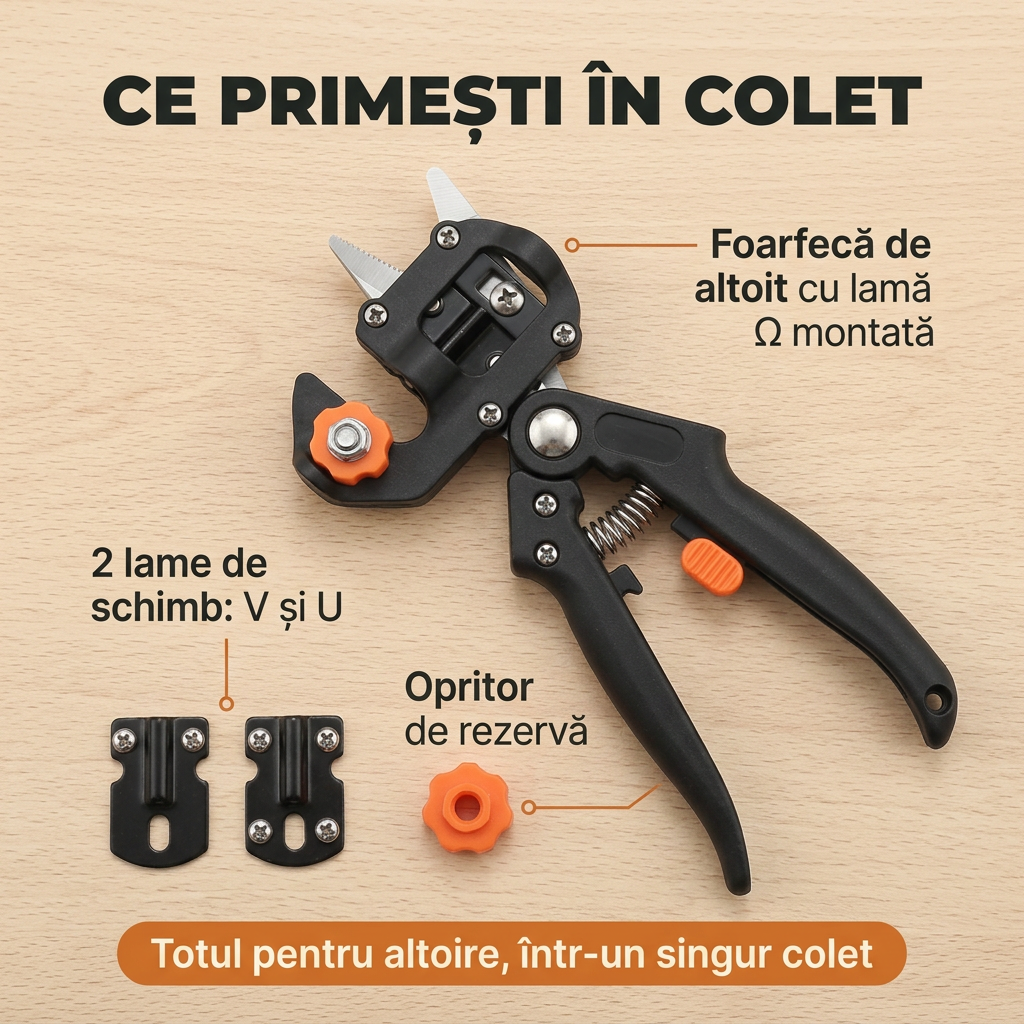 Foarfecă Profesională de Altoit cu 3 Lame Ω, V, U – pentru Pomi Fructiferi și Viță de Vie