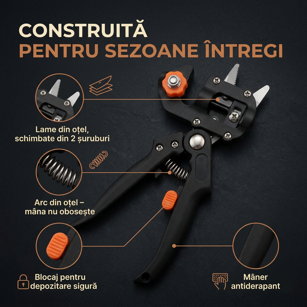 Foarfecă Profesională de Altoit cu 3 Lame Ω, V, U – pentru Pomi Fructiferi și Viță de Vie