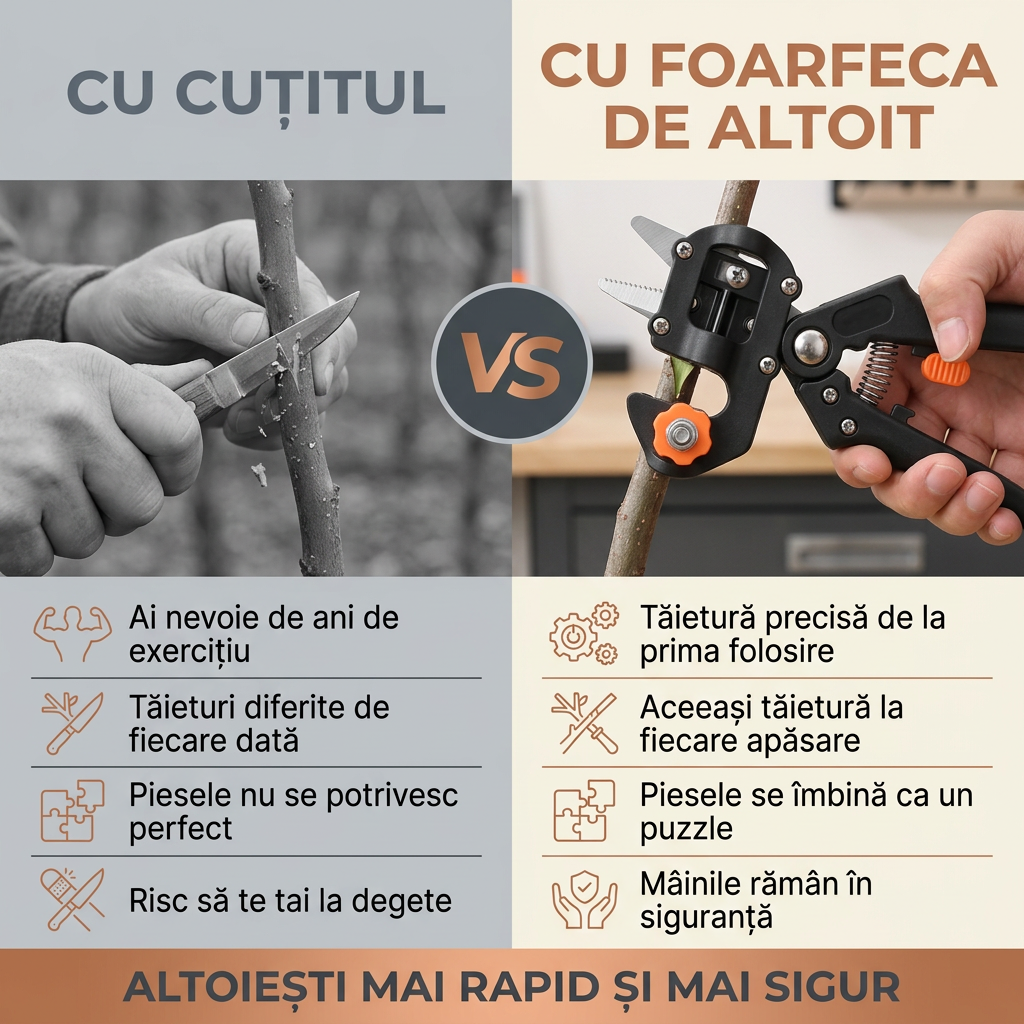 Foarfecă Profesională de Altoit cu 3 Lame Ω, V, U – pentru Pomi Fructiferi și Viță de Vie